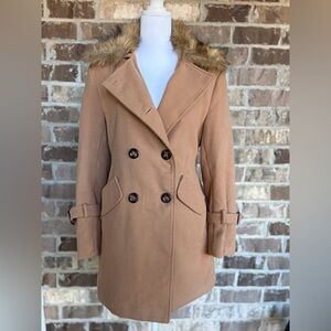 Women's Tan Double-Breasted Coat with Faux Fur Collar